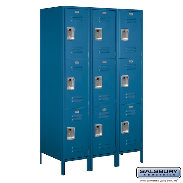 Salsbury Industries 3 Tier Metal Locker, 54"Wx78"Hx21"D, 9 Door, Blue, Unassembled 18-53361BL-U - main